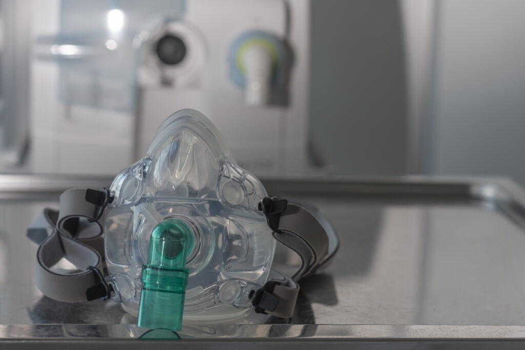 Face mask for non-invasive ventilation, medical respirator in intensive care unit during ventilator treatment